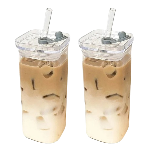 Square Glass Coffee Cup Set — Clear Minimal Edition (400ml)